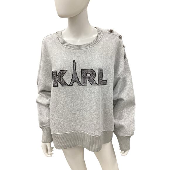 NWT Karl Lagerfeld Sweatshirt/ Top Women’s Size XL Cotton Blend Ornate Sign Gray - Picture 1 of 7